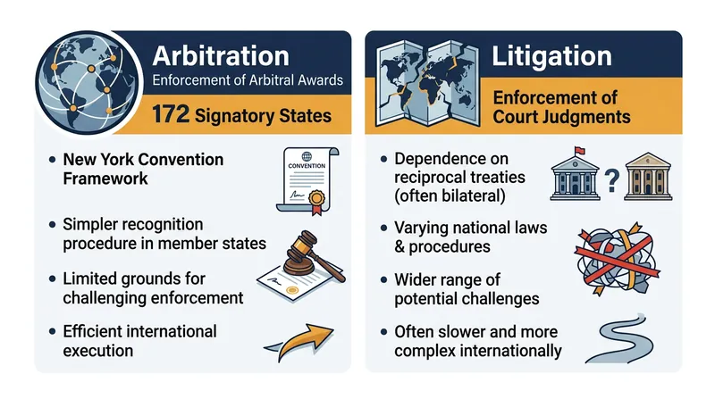 Arbitration benefits from a near-universal enforcement framework, while traditional litigation relies on a patchwork of bilateral treaties.