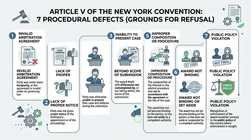 Article V of the Convention limits local judicial scrutiny to exactly seven procedural defects.
