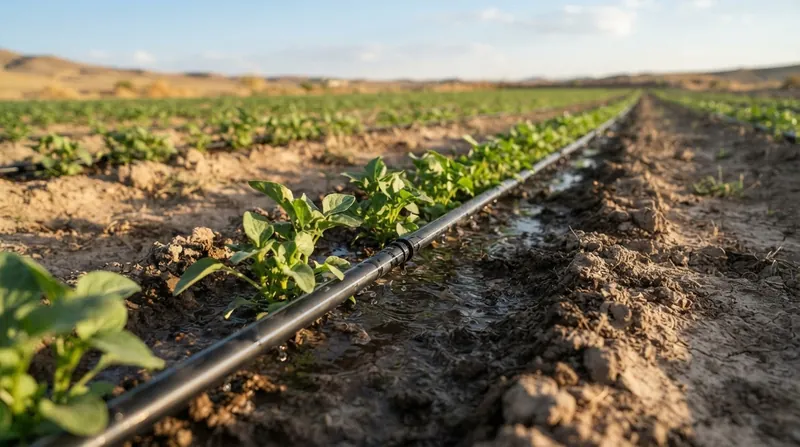 Illustration: Drip lines deliver water precisely to the root zone, maximizing crop yield but eliminating the deep percolation that historically sustained local water tables.