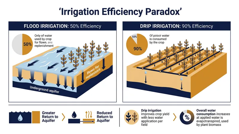While flood irrigation appears wasteful, the unconsumed water percolates back into the aquifer. Drip irrigation eliminates this vital recharge mechanism.