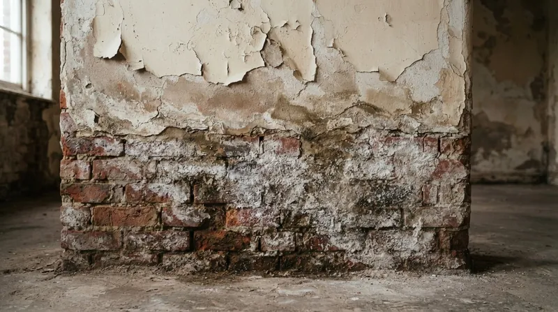 Illustration: As groundwater evaporates from the wall's surface, it leaves behind hygroscopic salts that actively absorb indoor humidity.