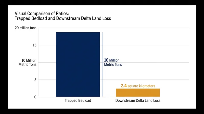 For every 10 million metric tons of bedload trapped upstream, deltas lose approximately 2.4 square kilometers of land mass.