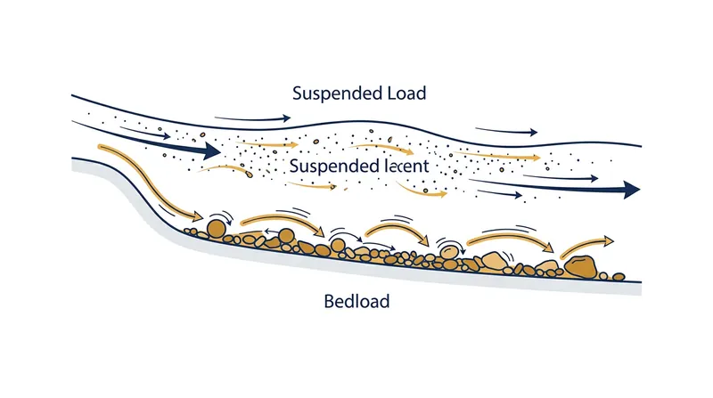 Rivers transport material in two forms: suspended load in the water column and heavy bedload rolling along the floor.