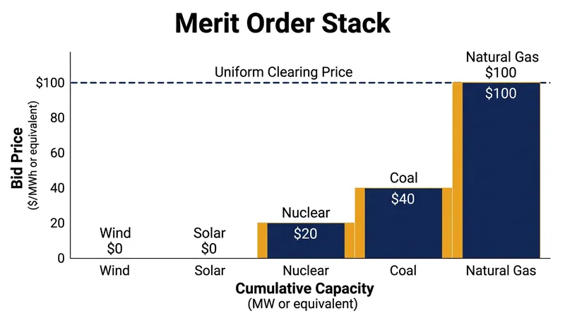 In a uniform auction, the most expensive plant needed to meet demand sets the price for all dispatched generators.