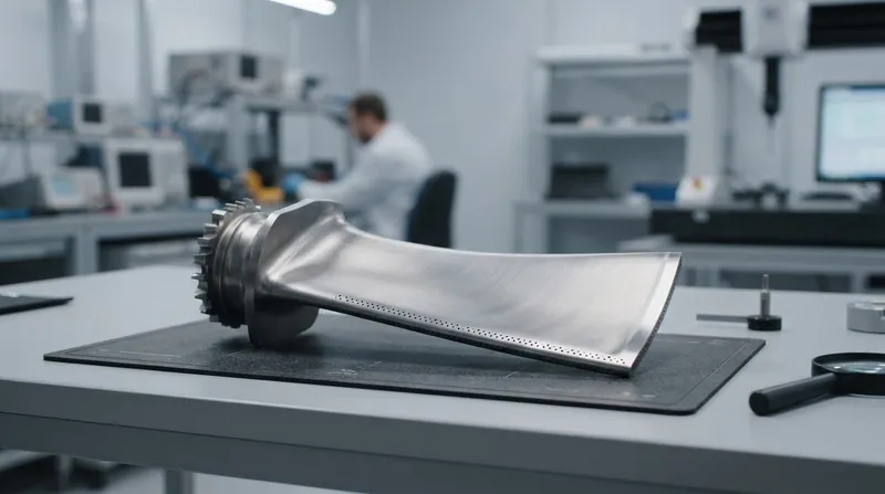 Illustration: Internal cooling channels and surface film cooling are required to keep the metal blade below its 1,150°C limit.