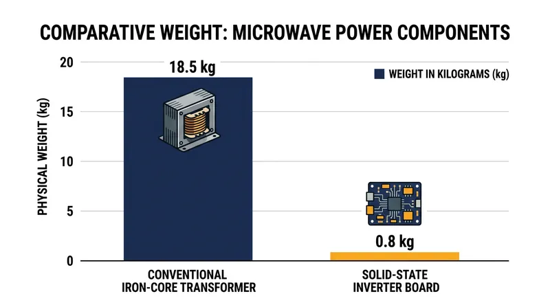 Solid-state inverter boards weigh ounces, significantly reducing the overall weight of the appliance compared to iron-core transformers.