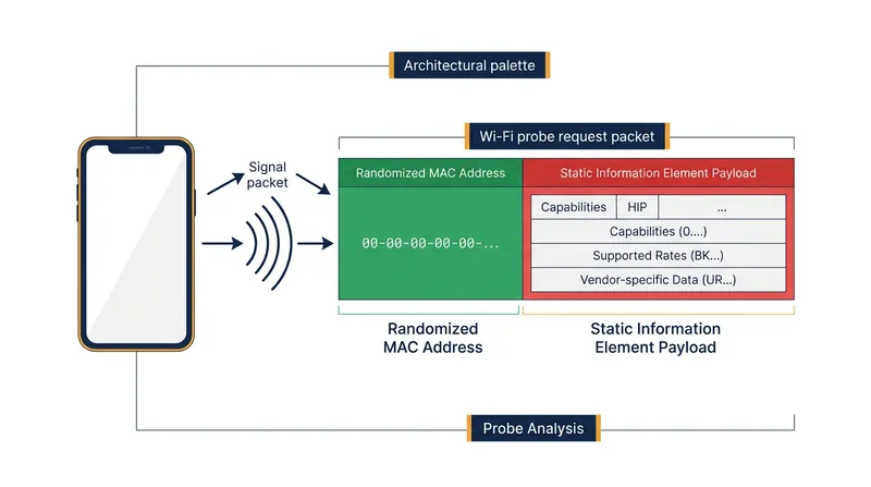 A Wi-Fi probe request contains both a hardware address and a payload of technical capability flags.