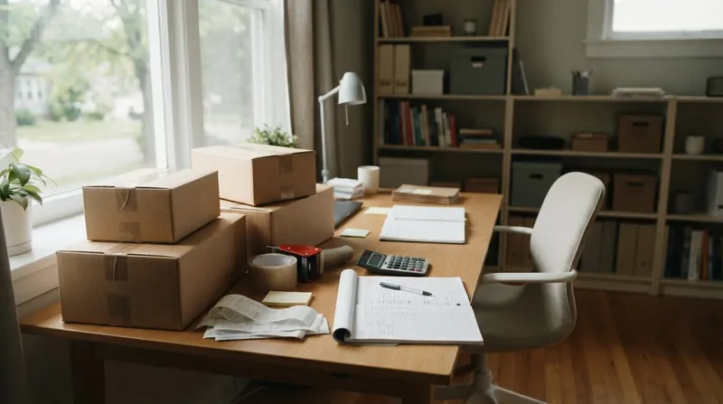 A person organizing receipts and tax documents on a wooden desk with a calculator.