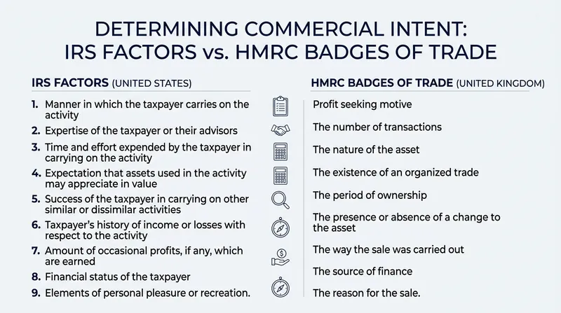 Both the IRS and HMRC use a nine-factor test to evaluate a taxpayer's commercial intent.
