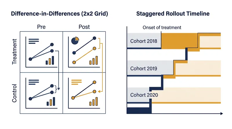 Staggered rollouts create a complex matrix of treatment timing that standard 2x2 models cannot easily accommodate.