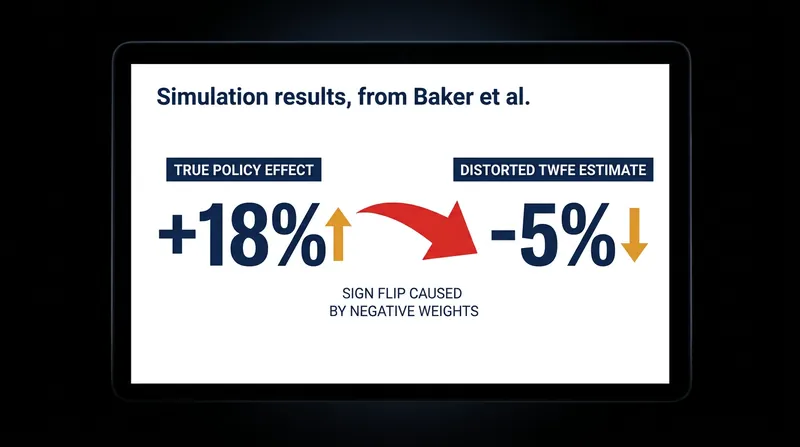 In simulated datasets, negative weights can completely overpower the true data, flipping a positive 18 percent effect into a negative 5 percent estimate.