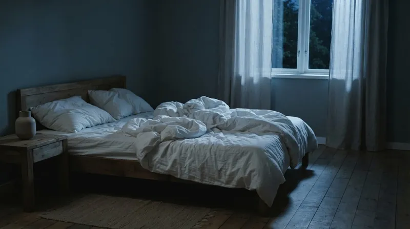 A person lying awake in bed at night looking at a clock, illuminated by dim ambient light.