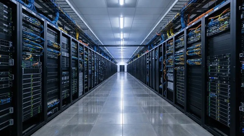 A long aisle inside a hyperscale data center showing rows of tall black server racks with blinking lights.