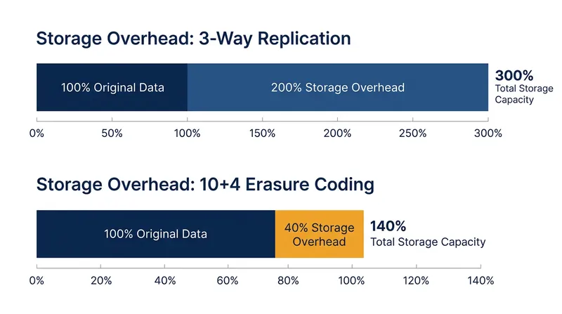 Erasure coding reduces the physical storage overhead required to protect data from 200 percent down to 40 percent.