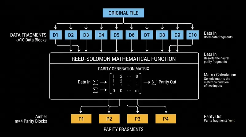 A 10+4 configuration generates four parity fragments, allowing the system to perfectly reconstruct the file even if four drives fail simultaneously.