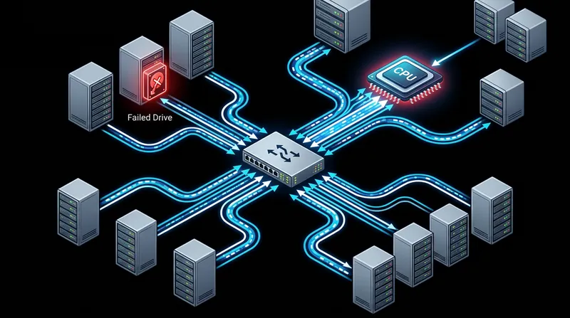 Rebuilding a lost erasure-coded fragment requires fetching surviving pieces from across the network, creating massive bandwidth spikes.