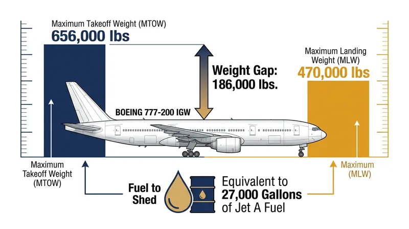 The massive weight differential between takeoff and landing limits forces heavy aircraft to shed fuel.