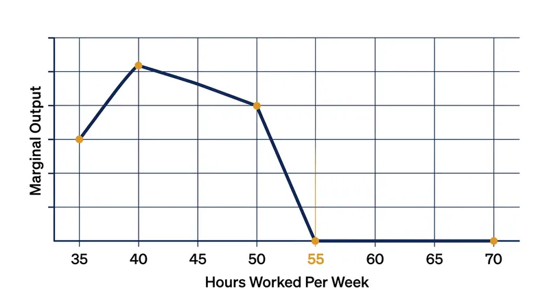 Marginal productivity plateaus completely at the 55-hour mark, yielding zero net output for additional labor.