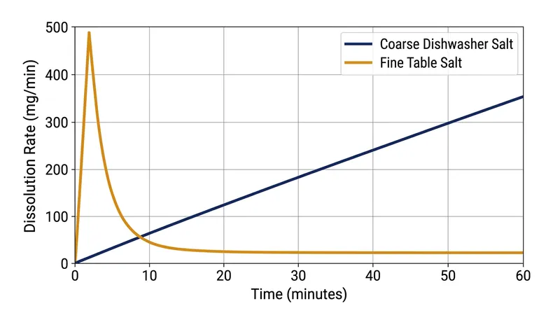 Coarse dishwasher salt dissolves slowly to provide a steady brine, whereas table salt turns into an impenetrable block.
