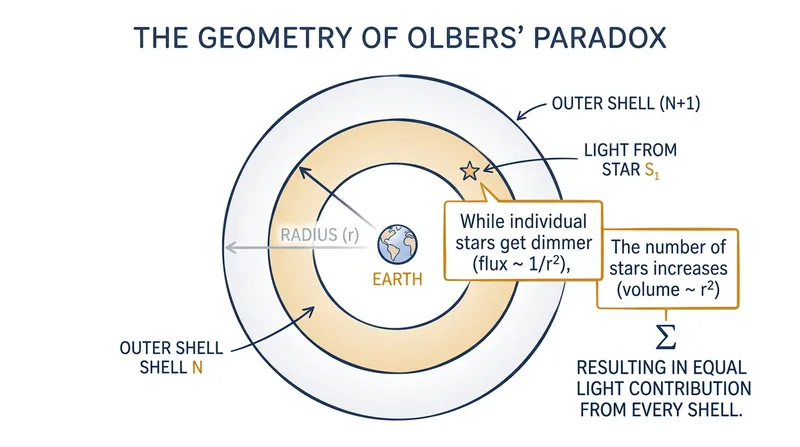 In an infinite, static universe, the increasing volume of distant space perfectly cancels out the dimming of individual stars.