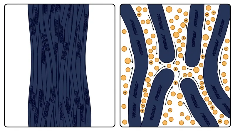 Sodium and chloride ions disrupt the bonds holding myosin filaments together, allowing the protein matrix to swell and trap water.