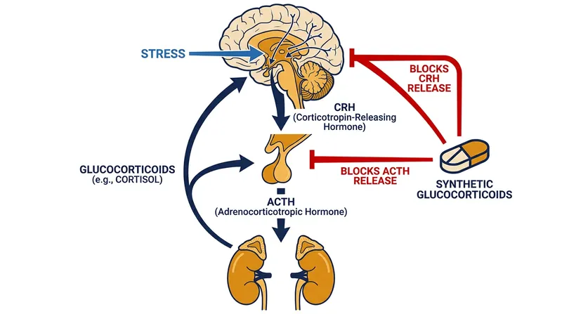 Synthetic glucocorticoids mimic cortisol, shutting down the brain's signals to the adrenal glands.