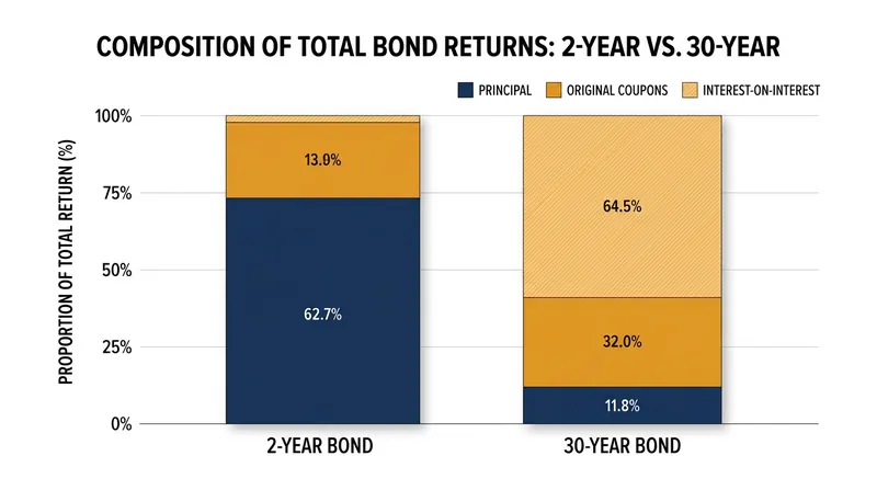On a 30-year bond, the majority of the total return is generated by reinvesting the coupons, not the principal.