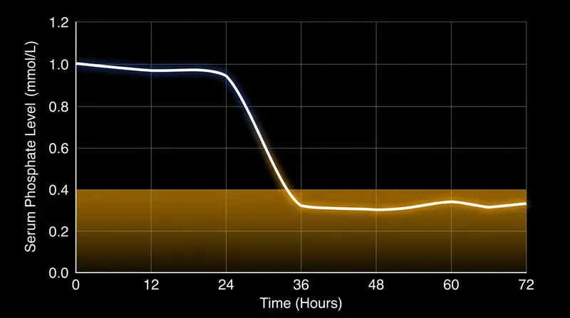 Serum phosphate levels can plummet from normal to critically low within hours of the first carbohydrate meal.