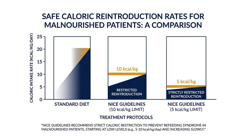 Clinical guidelines mandate severe caloric restriction during initial refeeding to prevent dangerous insulin surges.