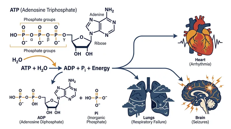 Without phosphate, the body cannot manufacture ATP, leading to rapid failure of the heart, lungs, and brain.
