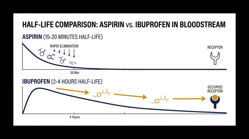 Aspirin is cleared from the bloodstream long before ibuprofen detaches from the enzyme.
