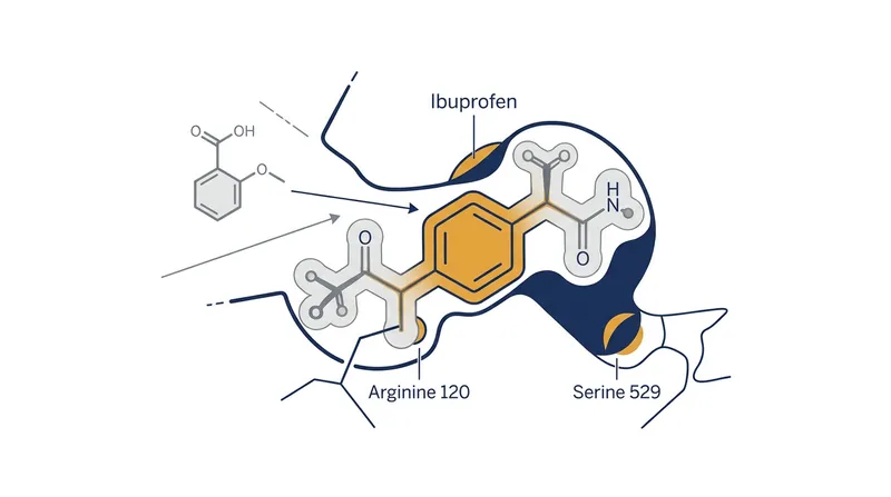 Ibuprofen docks at Arginine 120, creating a physical barricade that shields Serine 529.
