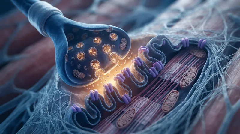 A microscopic medical illustration showing a glowing neuromuscular junction and acetylcholine receptors on a muscle cell membrane.