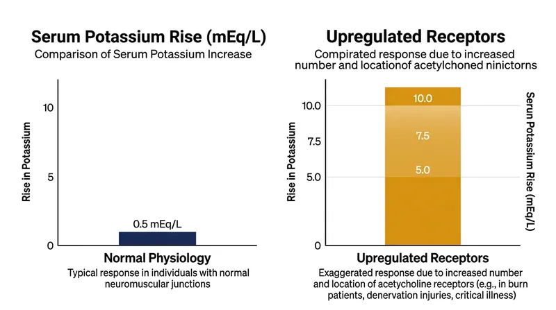 The difference in potassium efflux between a healthy patient and one with extrajunctional receptor upregulation.