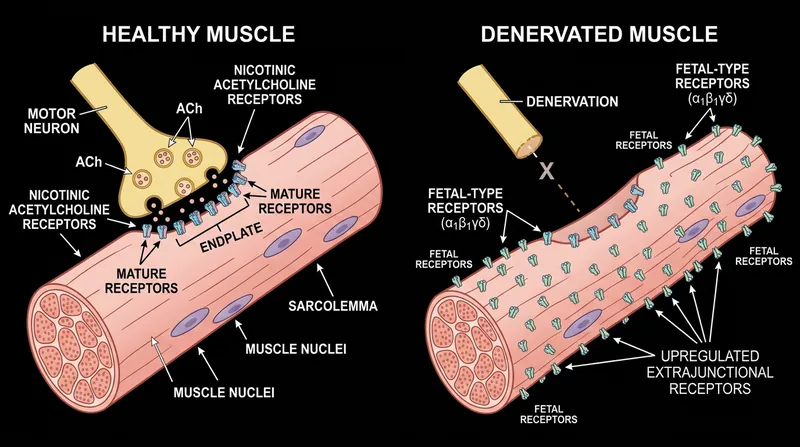 Following denervation, muscle cells manufacture millions of immature receptors and embed them across their entire surface.