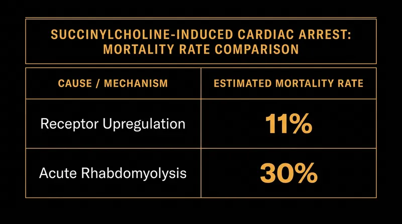 Cardiac arrests caused by receptor upregulation have an 11 percent mortality rate, compared to 30 percent for physical muscle rupture.