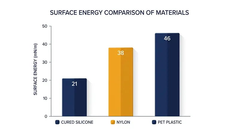 Cured silicone's extremely low surface energy prevents fresh adhesives from wetting the surface.