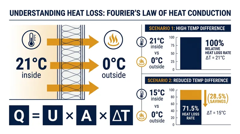 Because heat loss scales directly with the temperature difference, dropping a room from 21°C to 15°C cuts transmission loss by 28.5 percent.