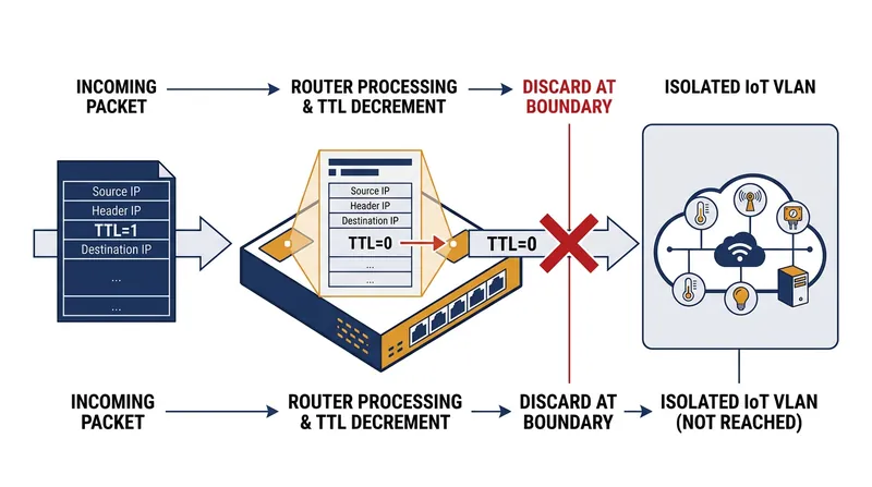 Because mDNS packets are hardcoded with a Time to Live (TTL) of 1, the router's decrement operation forces an immediate discard.