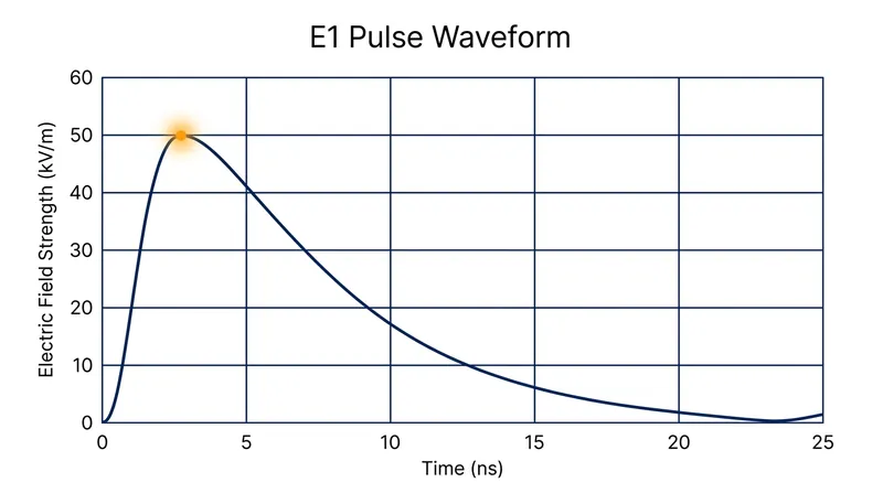 The E1 pulse reaches its peak electric field in just 2.5 nanoseconds.