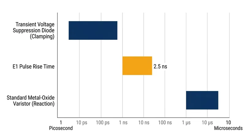 Standard surge protectors react too slowly to block a nanosecond-scale E1 transient.