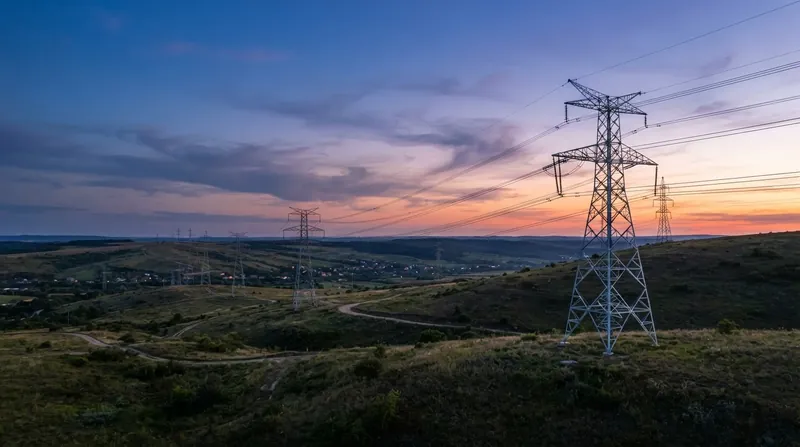 A large electrical substation with steel towers, ceramic insulators, and heavy transmission lines silhouetted against the sky.
