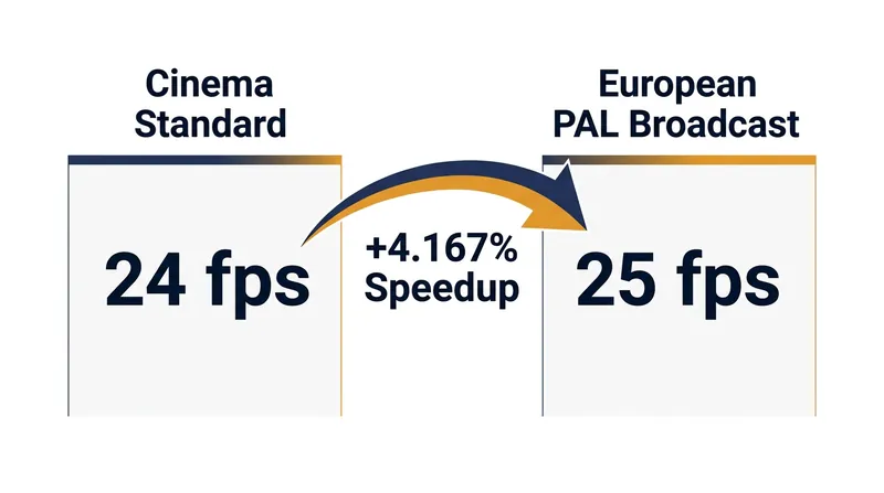 Playing 24 frames of film in a 25-frame television second results in a 4.167 percent speed increase.
