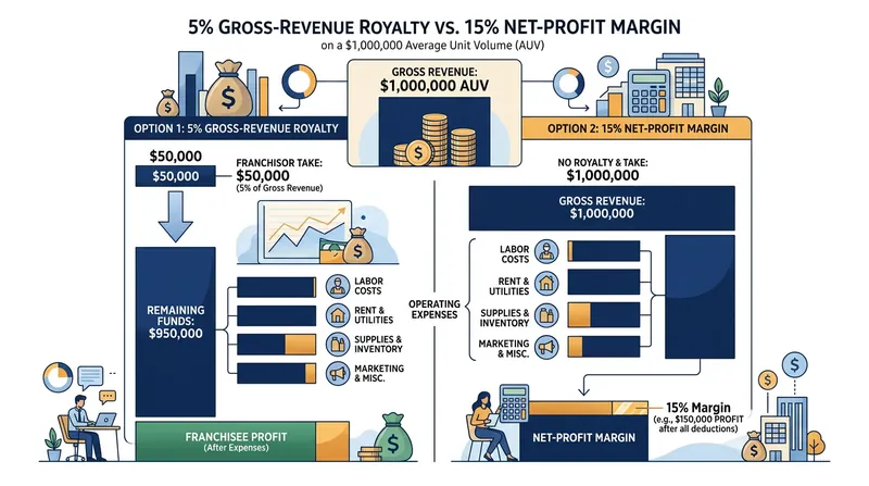 Under a standard 5% gross royalty, the franchisor secures its yield before any local operating costs are deducted.