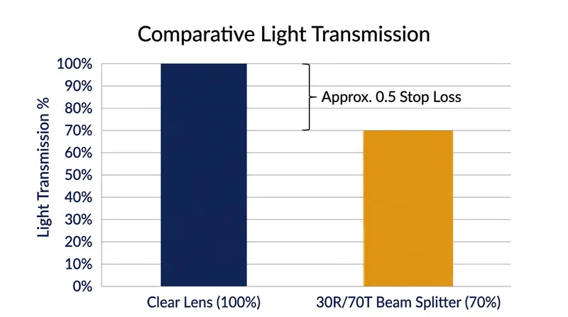 Shooting through a 30R/70T beam splitter costs the cinematographer approximately half a stop of light.