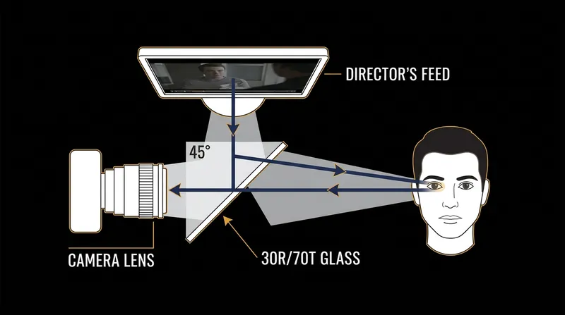 A 45-degree beam splitter projects the director's face over the optical axis.