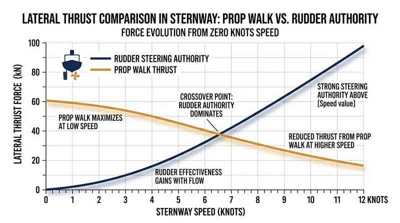 At zero sternway, lateral thrust is entirely unopposed by the starved rudder.