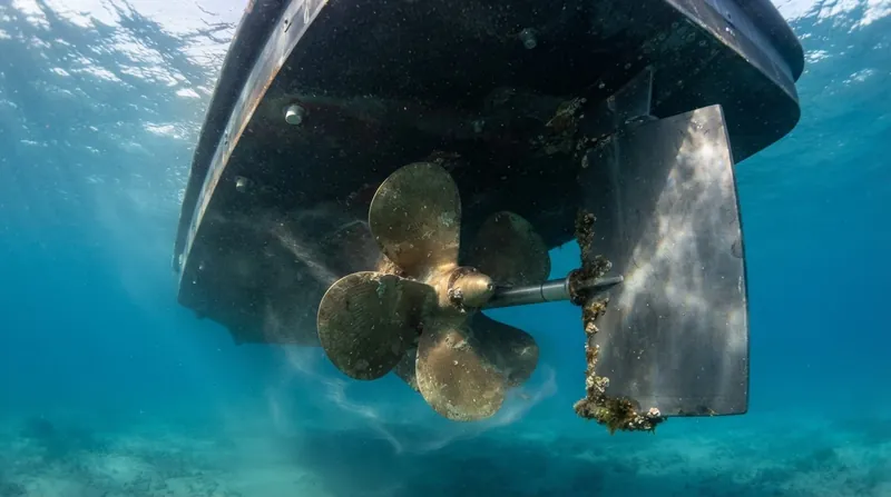 Illustration: The rudder relies on the propeller's discharge current for low-speed steering authority.