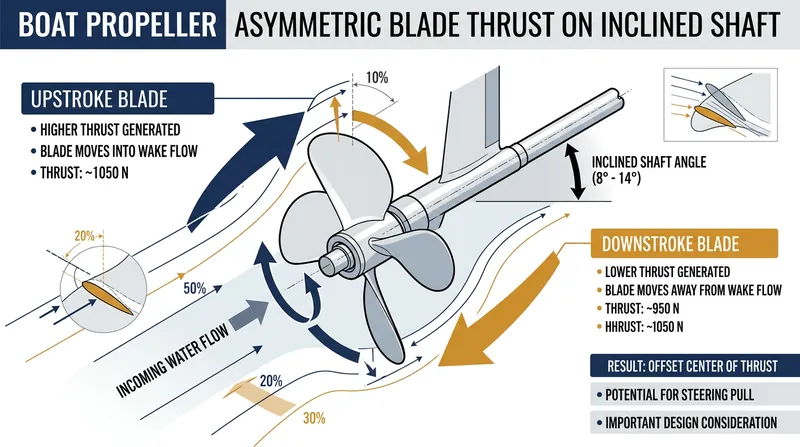 An inclined shaft causes the descending blade to generate more thrust than the ascending blade.