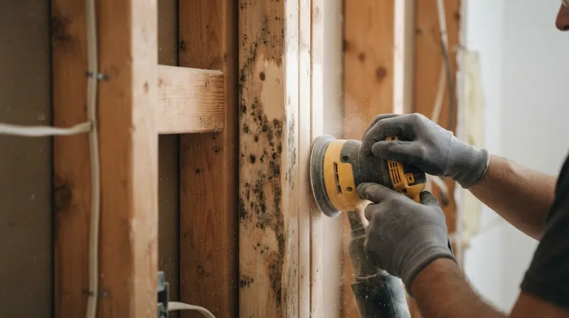 Illustration: Professional remediators rely on mechanical abrasion rather than chemical sprays to remove mold from structural timber.